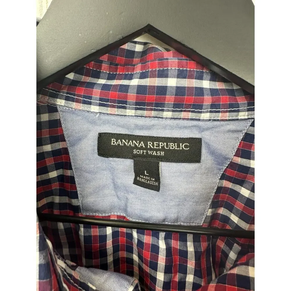 Banana‎ Republic Button Front Men L Red Blue Gingham Soft Wash Cotton Workwear